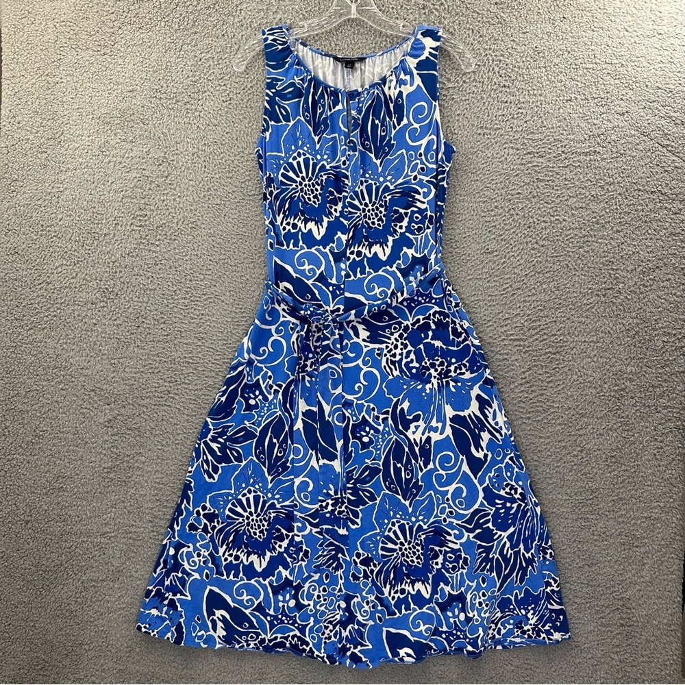 Lands' End Sleeveless Stretch‎ Floral Midi Dress Blue Beach Travel Women's XS